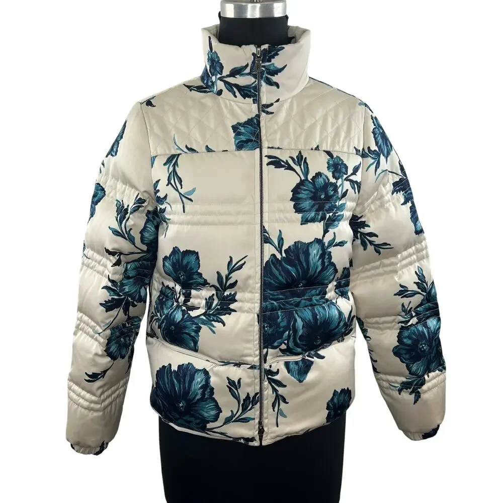 TORY BURCH White Blue Floral Full Zip Down Fill Quilted Puffer Jacket X-Small XS